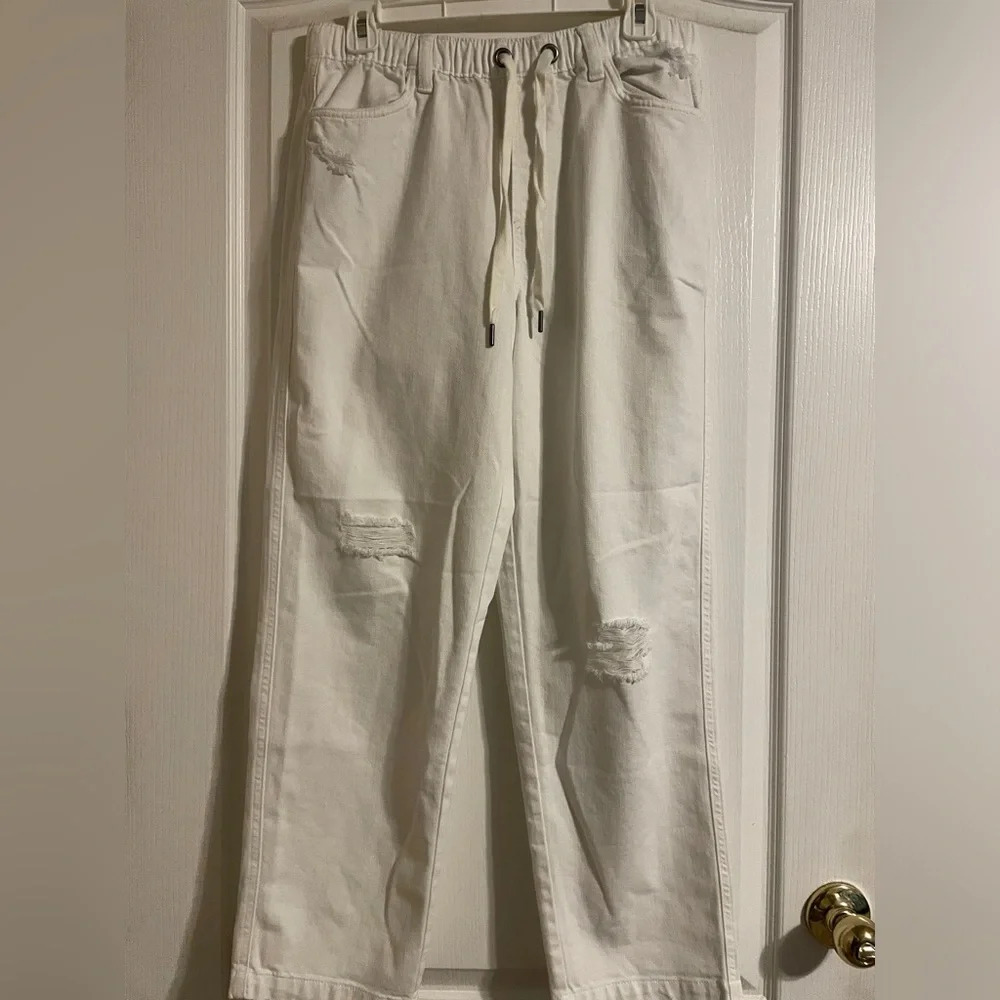 Aerie Denim Joggers Womens Medium White Excellent Distressed Drawstring Pants